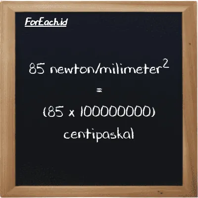 Cara konversi newton/milimeter<sup>2</sup> ke centipaskal (N/mm<sup>2</sup> ke cPa): 85 newton/milimeter<sup>2</sup> (N/mm<sup>2</sup>) setara dengan 85 dikalikan dengan 100000000 centipaskal (cPa)
